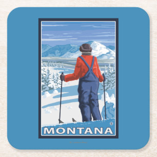 Skier AdmiringMontanaVintage Travel Poster Square Paper Coaster