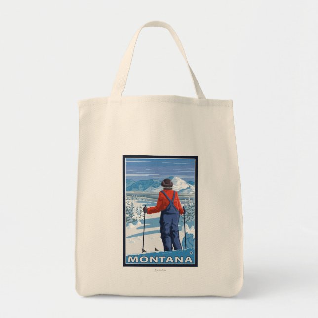 Skier AdmiringMontanaVintage Travel Poster Tote Bag (Front)