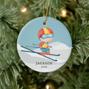 Skier Boy Personalised Christmas Ceramic Ornament