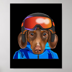 Skier Brown Dachshund Snowboarding Pocket Poster