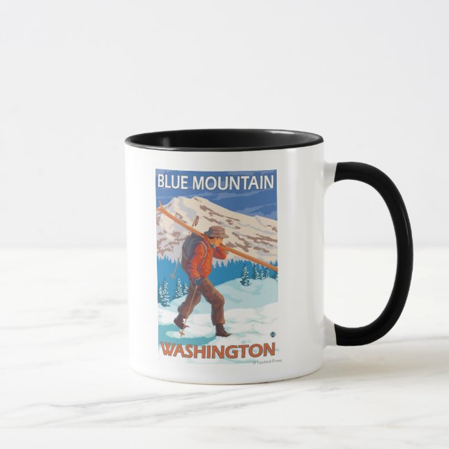 Skier Carrying Snow Skis - Blue Mountain, WA Mug (Right)