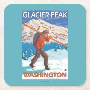 Skier Carrying Snow Skis - Glacier Peak, WA Square Paper Coaster