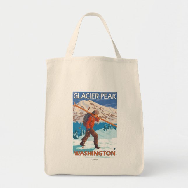 Skier Carrying Snow Skis - Glacier Peak, WA Tote Bag (Front)