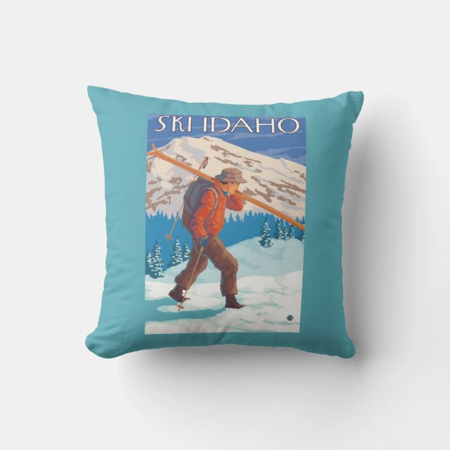 Skier Carrying Snow Skis - Idaho Cushion (Front)