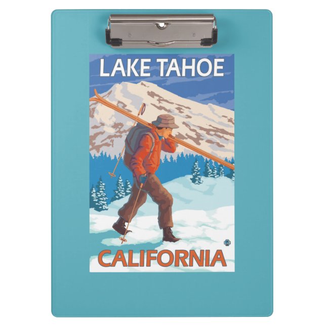Skier Carrying Snow Skis - Lake Tahoe, Californi Clipboard (Front)