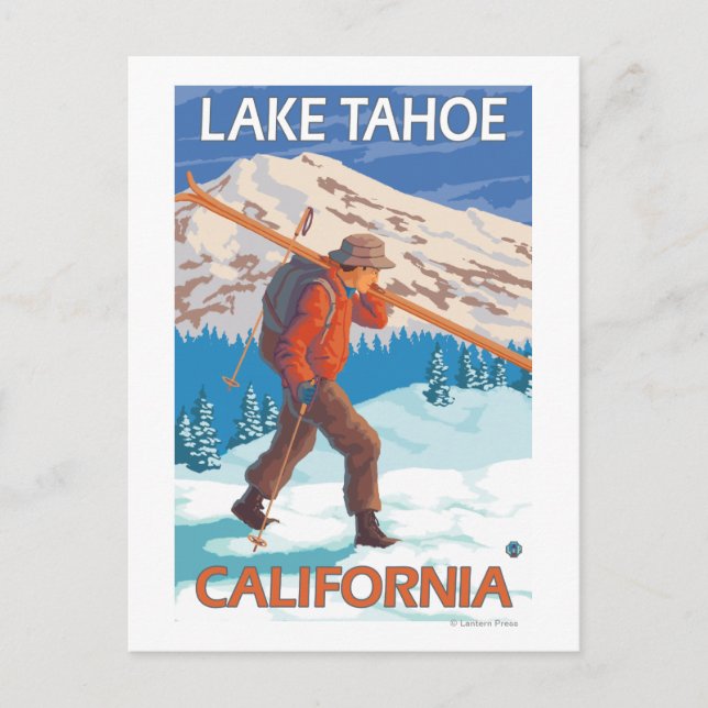 Skier Carrying Snow Skis - Lake Tahoe, Californi Postcard (Front)