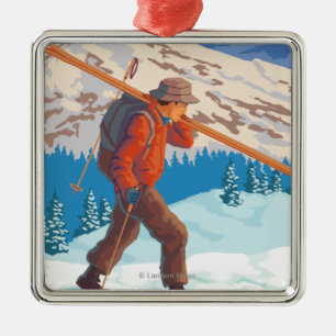 Skier Carrying Snow Skis - Montana Metal Tree Decoration
