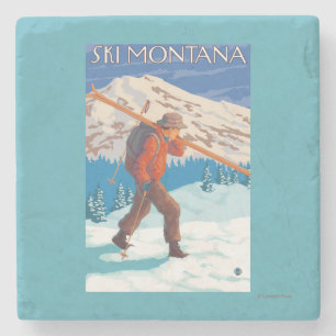 Skier Carrying Snow Skis - Montana Stone Coaster
