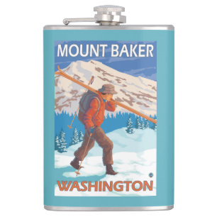 Skier Carrying Snow Skis - Mount Baker, WA Hip Flask