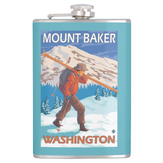 Skier Carrying Snow Skis - Mount Baker, WA Hip Flask (Front)
