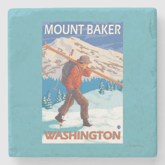 Skier Carrying Snow Skis - Mount Baker, WA Stone Coaster (Front)