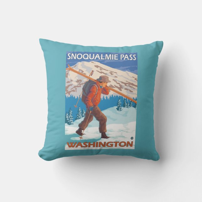 Skier Carrying Snow Skis - Snoqualmie Pass, WA Cushion (Front)