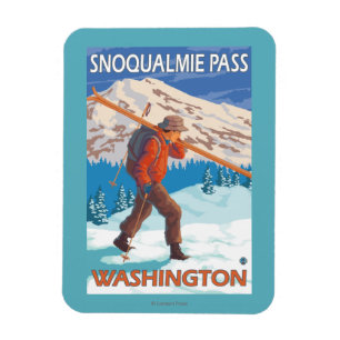 Skier Carrying Snow Skis - Snoqualmie Pass, WA Magnet