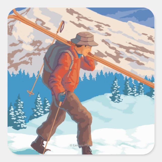 Skier Carrying Snow Skis - Snoqualmie Pass, WA Square Sticker (Front)