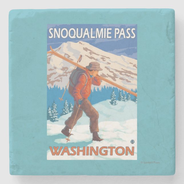 Skier Carrying Snow Skis - Snoqualmie Pass, WA Stone Coaster (Front)