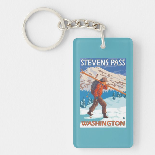 Skier Carrying Snow Skis - Stevens Pass, WA Key Ring (Front)