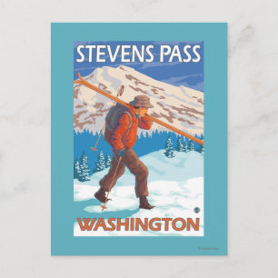 Skier Carrying Snow Skis - Stevens Pass, WA Postcard