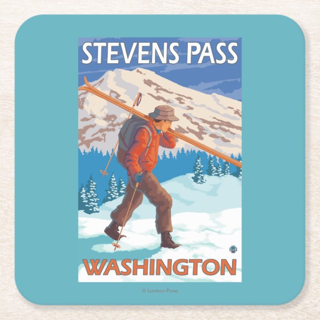 Skier Carrying Snow Skis - Stevens Pass, WA Square Paper Coaster (Front)