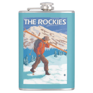 Skier Carrying Snow Skis - The Rockies Hip Flask