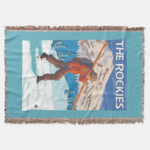 Skier Carrying Snow Skis - The Rockies Throw Blanket