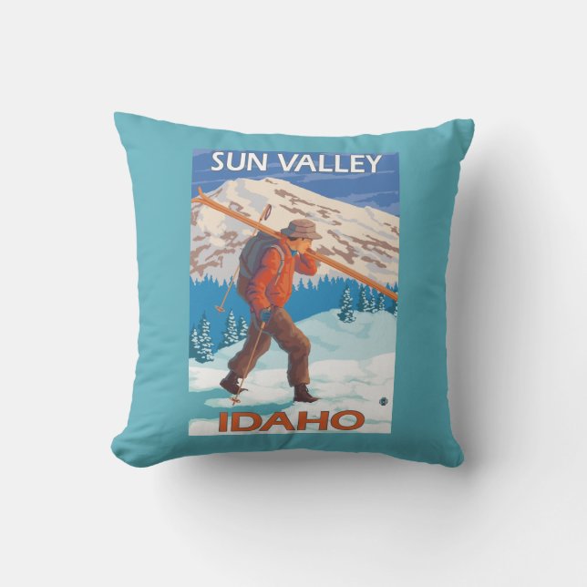Skier Carrying Snow Skis- Vintage Travel 2 Cushion (Front)