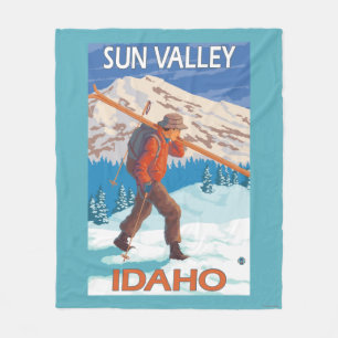 Skier Carrying Snow Skis- Vintage Travel 2 Fleece Blanket
