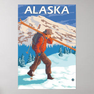 Skier Carrying Snow Skis- Vintage Travel 2 Poster