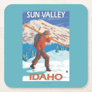 Skier Carrying Snow Skis- Vintage Travel 2 Square Paper Coaster