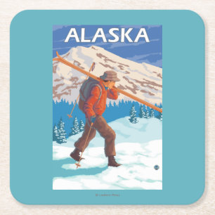 Skier Carrying Snow Skis- Vintage Travel 3 Square Paper Coaster