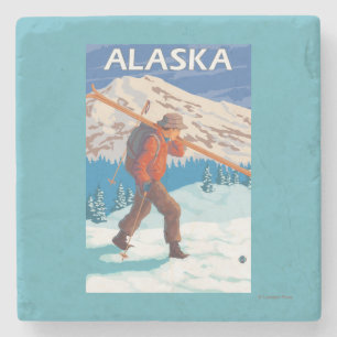 Skier Carrying Snow Skis- Vintage Travel 3 Stone Coaster