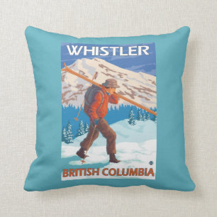 Skier Carrying Snow Skis - Whistler, BC Canada Cushion
