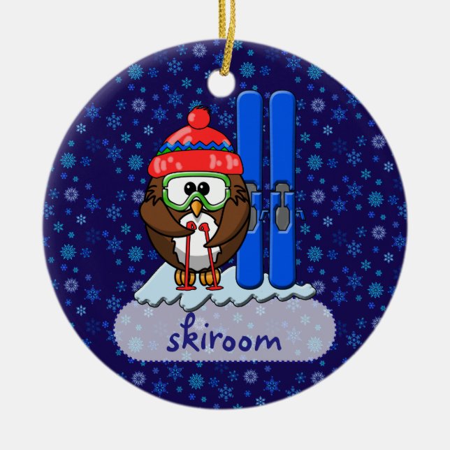 skier owl ceramic ornament (Front)