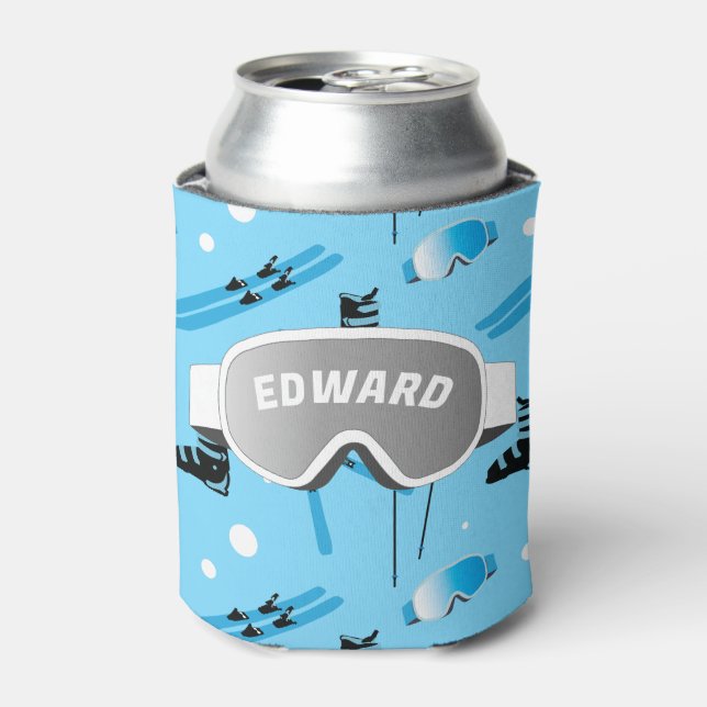 Skier Personalised Skiing Themed Blue Apres Ski Can Cooler (Can Front)
