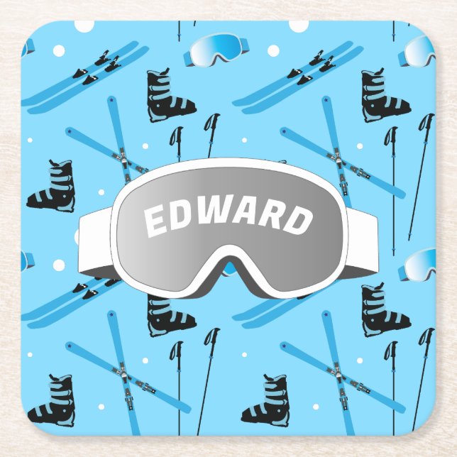 Skier Personalised Skiing Themed Blue Apres Ski Square Paper Coaster (Front)