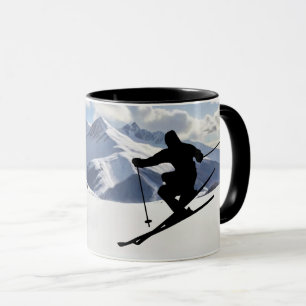 Skier Silhouette in snowy mountains Personalise Mug