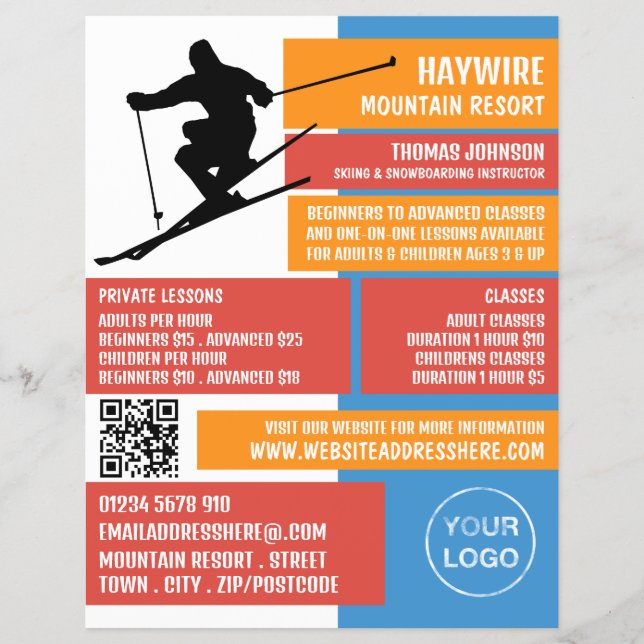 Skier Silhouette, Ski/Snowboarding Lessons/Classes Flyer (Front)