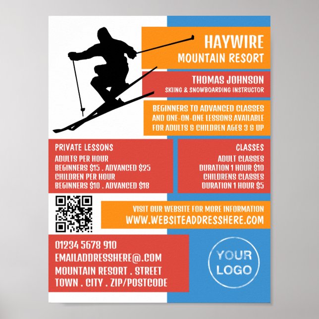 Skier Silhouette, Ski/Snowboarding Lessons/Classes Poster (Front)