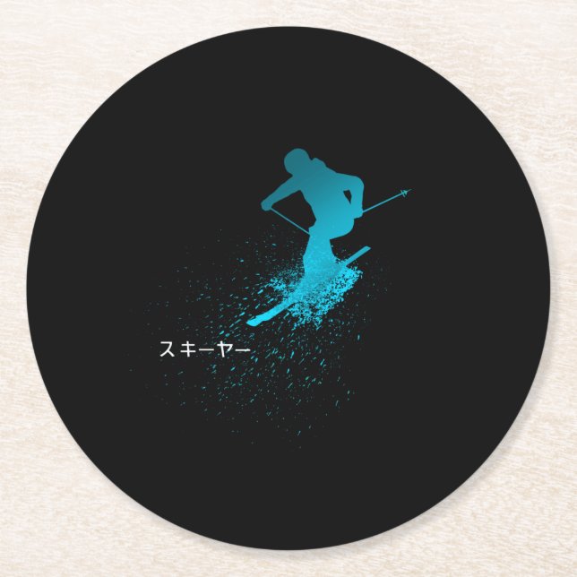 Skier, Ski, Japanese Round Paper Coaster (Front)