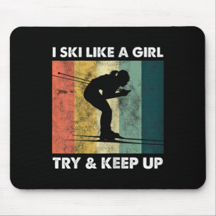 Skier Ski Retro Sportswoman Try Snow Sport  Mouse Pad