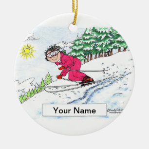 Skier, Snow - Female Ceramic Tree Decoration