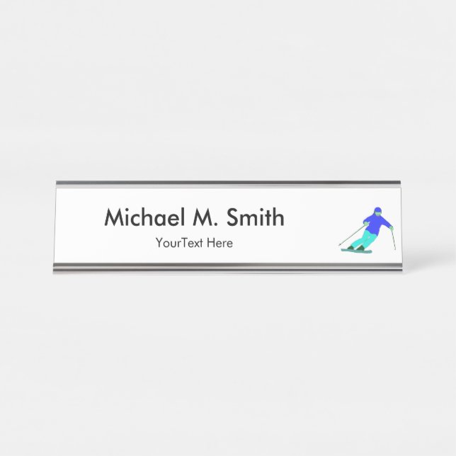 Skier Snow Skiing Custom  Desk Name Plate (Front)