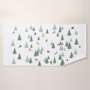 Skiers Downhill Skiing Illustration Bath Towel