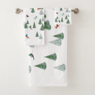 Skiers Downhill Skiing Illustration Bath Towel Set