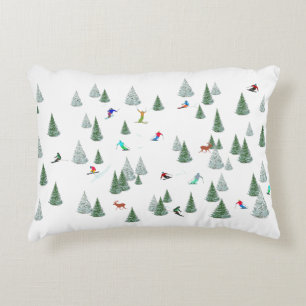 Skiers Downhill Skiing Illustration  Decorative Cushion