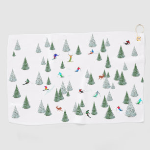 Skiers Downhill Skiing Illustration Golf Towel