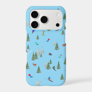 Skiers Downhill Skiing Illustration Pale Blue