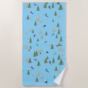 Skiers Downhill Skiing Illustration Pale Blue Beach Towel