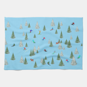 Skiers Downhill Skiing Illustration Pale Blue Tea Towel