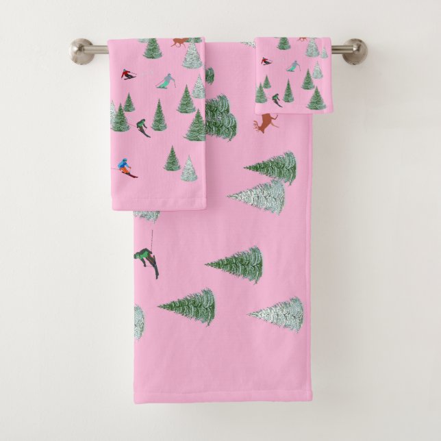 Skiers Downhill Skiing Illustration Pastel Pink Bath Towel Set (Insitu)