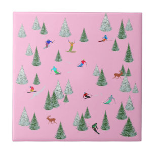 Skiers Downhill Skiing Illustration Pastel Pink Ceramic Tile